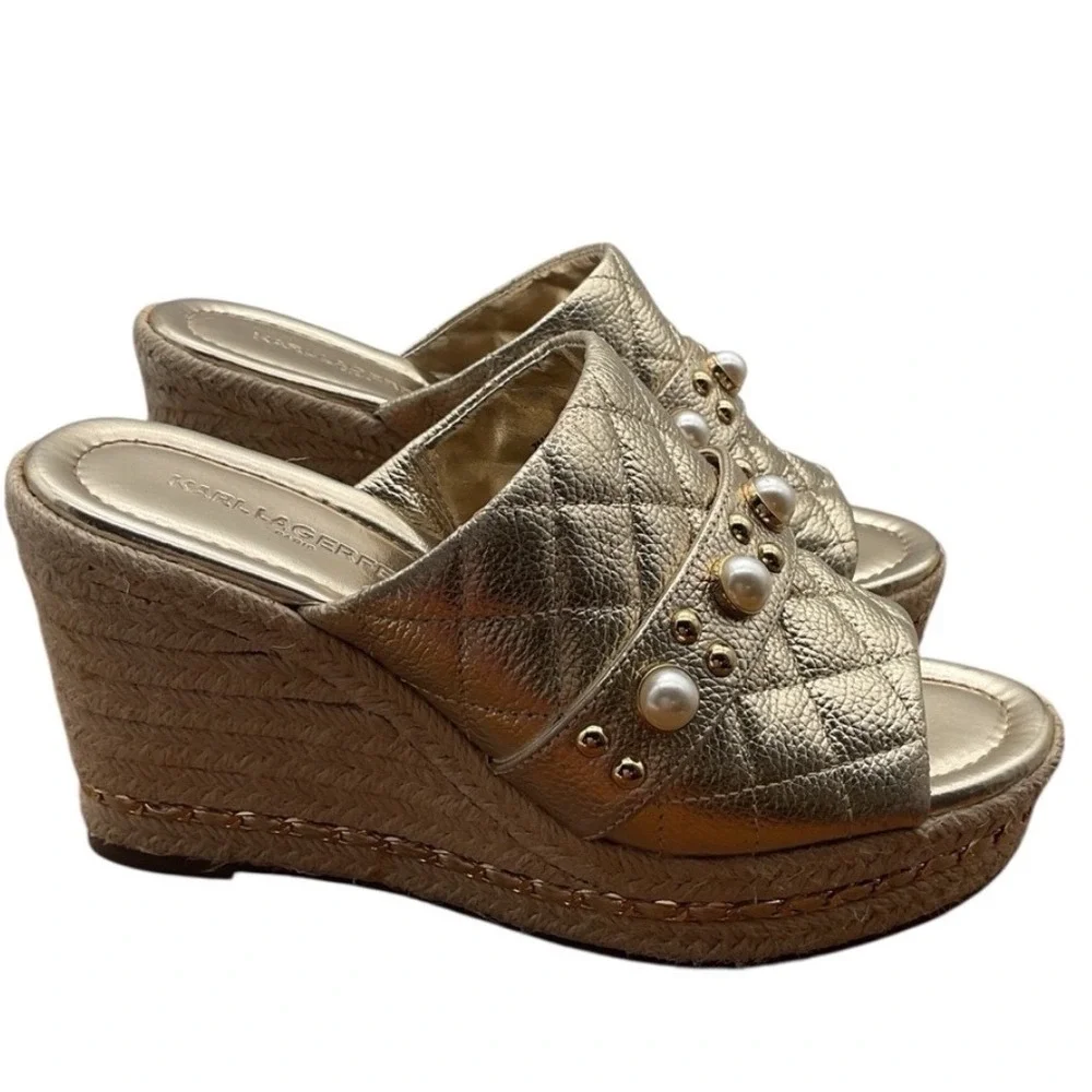 Karl Lagerfeld Paris Gold Quilted Leather Pearl Studded Espadrille Wedge 7